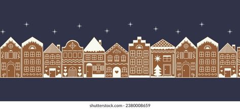 Night Cityscape Gingerbread Village seamless border. City houses street with stars pattern. Winter holiday Landscape. Vector illustration Christmas Houses Illustration, Gingerbread City, Landscape Vector Illustration, Gingerbread House Patterns, City Houses, Holiday Landscape, Night Cityscape, Landscape Vector, Christmas Crafts Diy Projects