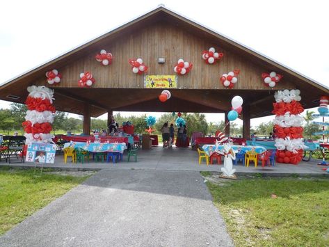 Pavilion decoration in a park. www.dreamarkevents.com | Balloon ... Birthday Party Pavilion Decorations, Pavillion Party Decorations Park, Park Shelter Birthday Party, Park Pavilion Decorations Birthday, Pavilion Decorations, Pavilion Party, Pavilion Decor, Park Party Decorations, Park Parties