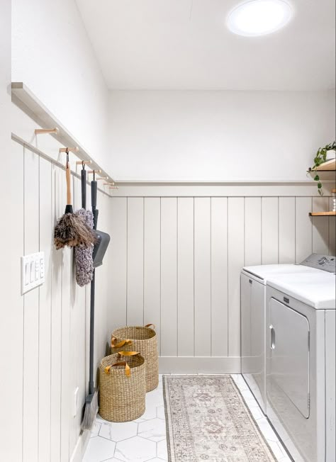 Vertical shiplap in updated laundry room. Hexagon tile with open shelving. Peg hooks in mudroom. Revere pewter and white walls. Laundry Room Paint, Laundry Room Tile, White Laundry Rooms, Basement Laundry Room, Laundry Room Flooring, Basement Laundry, Mudroom Laundry Room, Laundry Room Renovation, Laundry Room Inspiration