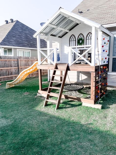 Playhouse With Deck, A Frame Playhouse With Slide, Playset Outdoor Diy, Platform Playhouse, Diy Playhouse Outdoor, Homemade Playground, Backyard Ideas For Kids, Elevated Playhouse, Playset Makeover