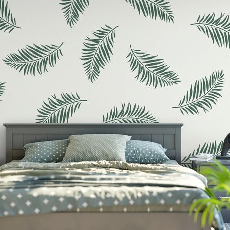 Minimalistic art, geometric patterns, and simple, functional accessories. Stencil Wallpaper, Leaf Wall Stencil, Modern Wall Stencil, Wall Stencil Designs, Palm Leaf Pattern, Front Wall Design, Stencil Wall Art, Wallpaper Kitchen, Wall Stencil Patterns