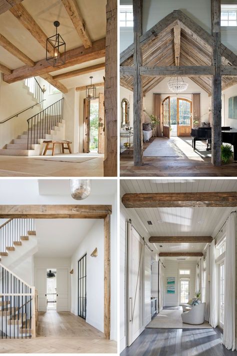 How To Enhance Your Home's Entryway with Exposed Beams - NP One Side Vaulted Ceiling Beams, Support Beam Ideas Open Concept, Living Room Beams, Fake Beam, Hand Hewn Beams, Faux Beams, Faux Wood Beams, Dining Room Makeover, Farmhouse Fall Decor