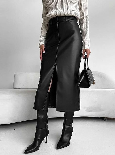 Leather Skirt Long Outfit, Midi Black Leather Skirt Outfit, Black Leather Skirt Outfit Work, Faux Leather Midi Skirt Outfits, Black Leather Maxi Skirt Outfit, Fitted Skirt Outfits, Long Leather Skirt Outfit Winter, Black Midi Leather Skirt, Leather Long Skirt Outfit