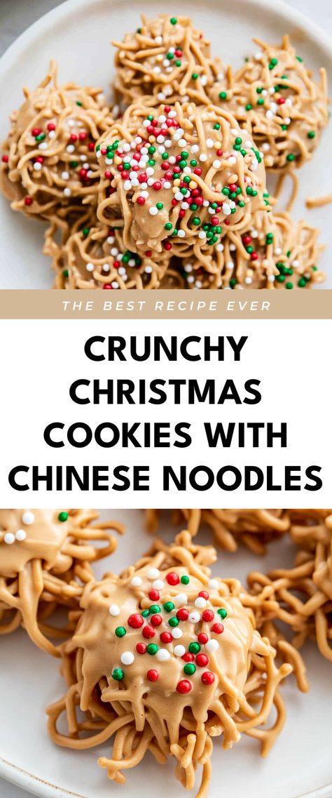 Image for Crunchy Christmas Cookies with Chinese Noodles Chocolate Chinese Noodle Cookies, Chow Mein Cookies Christmas, Chinese Noodle Candy, Christmas Cookies For A Cookie Exchange, Chinese Christmas Cookies, Chow Mein Noodle Candy, Chowmein Noodles Cookies, Asian Christmas Food, Chinese Noodle Cookies