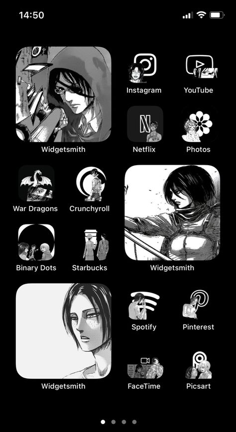 Aot Widgets, Aot Wallpapers Black And White, Anime Themed Iphone Home Screen, Anime Themes For Mobile Phone, Aot Homescreen Layout, Theme Pictures, Black Phone Wallpaper, Phone Inspiration, Matching Wallpaper