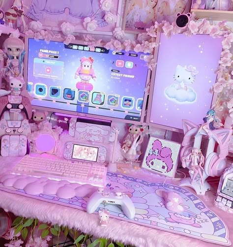 Pink Gaming Setup, Cutecore Room, Kawaii Room Ideas, Game Setup, Pink Games, Arte Do Kawaii, Otaku Room, Gamer Room Decor, Pink Room Decor