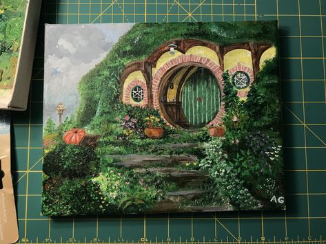 Painting of Hobbit Hole on 8x10 canvas/ acrylic paint #hobbit #Tolkien #acrylic #paint #art Fantasy Landscape Acrylic Painting, Hobbit Painting, Casa Hobbit, Hobbit Art, Emily Carr, Middle Earth Art, Art Edit, Lotr Art, Hobbit Hole