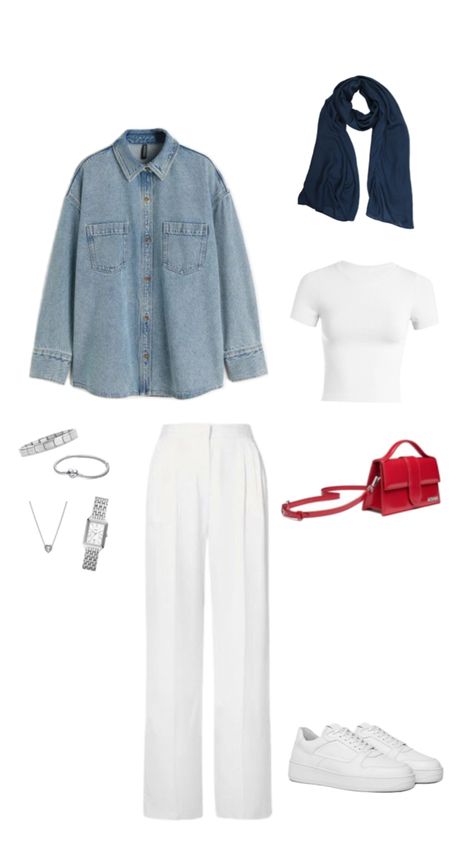 denim shirt, navy blue hijab, red bag, white tshirt, white sneakers, hijabi outfit White And Denim Outfits Hijab, Denim Outfit Hijab, Red White Outfit, Hijabi Summer, Hijabi Summer Outfits, Blue Hijab, Denim Shirt Outfit, Hijabi Outfit, Outfits Hijab