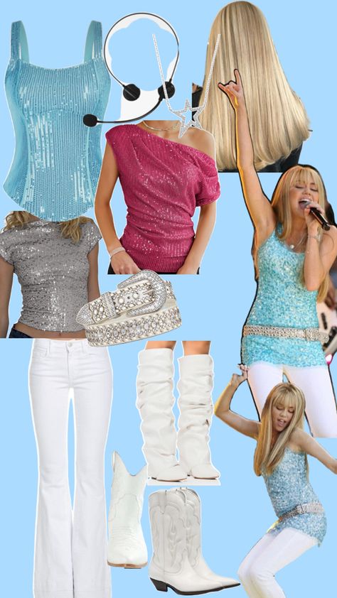 Hannah Montana Outfits Costumes Diy, Bop To The Top Tour Outfits, Hanna Montana Costume Ideas, Hot Solo Halloween Costumes Women, Hannah And Miley Halloween Costume, Gogo Boots Halloween Costume, Hannah Montana And Miley Costume, 2000 Iconic Outfits, Hannah Montana Concert Outfits