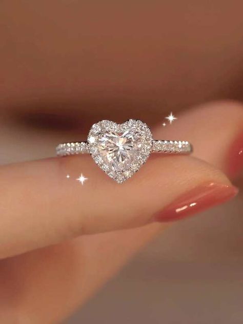 Cute Rings Promise, Wedding Rings Cheap, Heart Silver Ring, Pretty Rings Diamond, Engagement Rings Heart, Silver Rings Diamond, Diamond Rings Silver, Prom Rings, Silver Diamond Rings