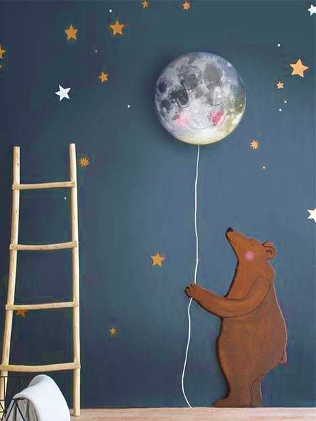 A moon wall lamp for the baby's nursery brings a natural, calming aspect to the decor of a boy, girl or a neutral nursery room design.   The bear can be replaced by pretty much any animal or object of your choosing and the moon lamp doubles as a night light. Moon Wall Light Nursery, Night Time Nursery Theme, Goodnight Moon Nursery, Nursery Decorating Ideas, Boys Space Bedroom, Neutral Nursery Rooms, Night Nursery, Moon Decoration, Moon Night Light