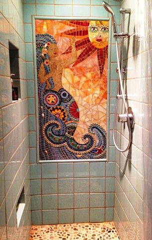 Aztec Tile Floor, Mosaic Wall Bathroom, Mosaic Art Bathroom, Shower Mosaic Tile Ideas, Mosaic Bathtub, Cool Showers, Mosaic Shower Wall, Boho Mosaic, Mermaid Mosaic