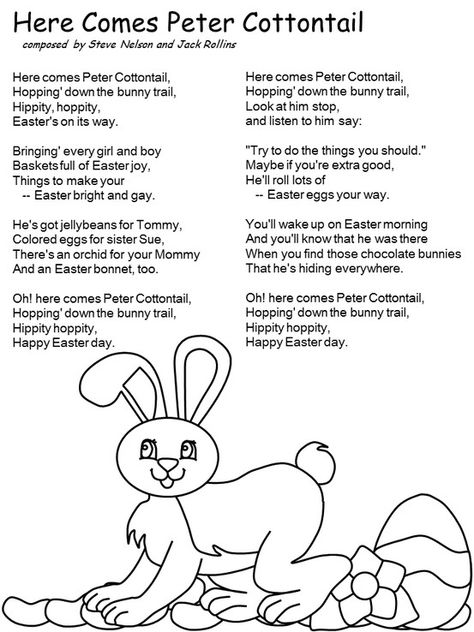 Lyrics for Here comes Peter Cottontail Spring Nursery Rhymes, Jack And Jill Poem Nursery Rhymes, Peter Pan Was Right Song Lyrics, Easter Songs, Preschool Poems, Nursery Rhymes Lyrics, Easter Kindergarten, Daycare Themes, Easter Lessons