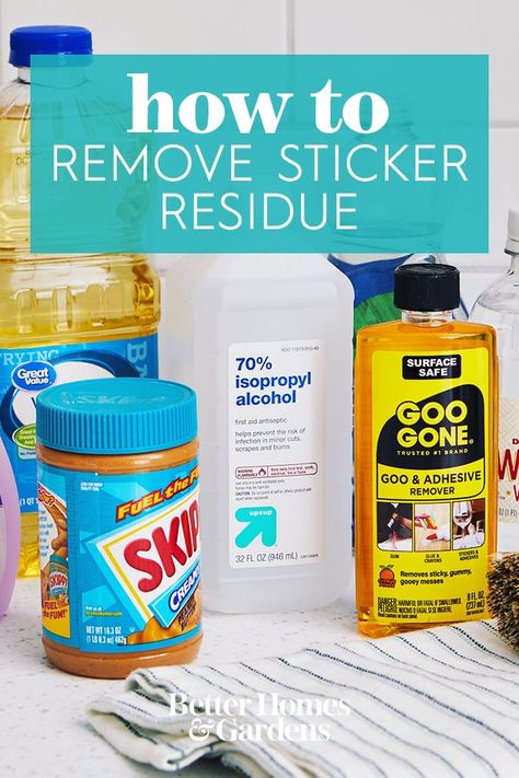 Peeling off price tags, manufacturer's labels, and children's stickers can leave gummy leftovers on surfaces. Here's how to remove sticker residue from glass, plastic, clothing, and more. #removestickerresidue #stickerresidue #stickerresidueglass #stickerremoval #cleaningtips #bhg Remove Tape Residue, Get Stickers Off, Remove Sticky Labels, Remove Sticker Residue, Remove Sticky Residue, Childrens Stickers, How To Remove Glue, How To Remove Adhesive, Sticky Labels