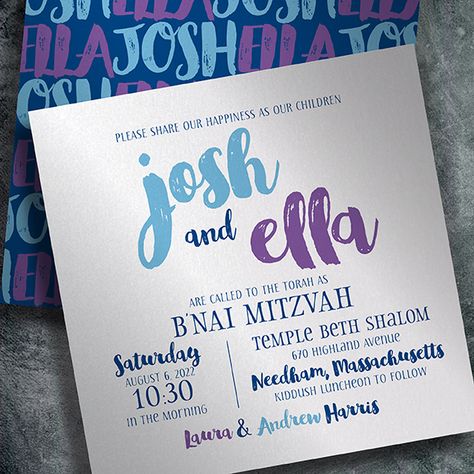 Josh and Ella G527 Bat or B'nai Mitzvah invitation    EventPrints, Bar Mitzvah, Bat Mitzvah, B'nai Mitzvah, B'not Mitzvah, Wedding Invitation, customizable invitations, unique, modern, creative http://www.eventprints.com     Brush Script  Blue  Purple  B'nai  Step and Repeat best mitzvah invitations Bnai Mitzvah Invitations, Bnai Mitzvah, Mitzvah Invitations, Step And Repeat, Bar Mitzvah Invitations, Bat Mitzvah Invitations, Affordable Wedding Venues, Brush Script, Wedding Registry