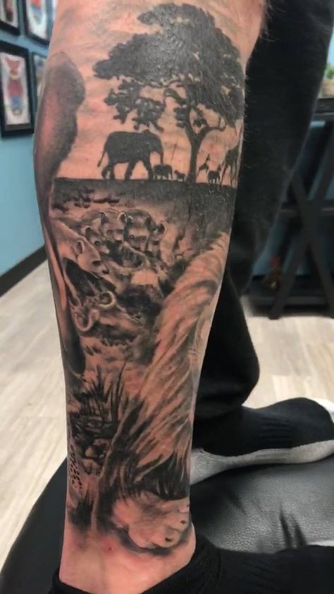 African Savannah Tattoo, Safari Sleeve Tattoo, Safari Tattoo Design, African Tree Tattoo, Savannah Tattoo, Half Leg Sleeve, Safari Tattoo, Lions Tattoo, African Sleeve Tattoo