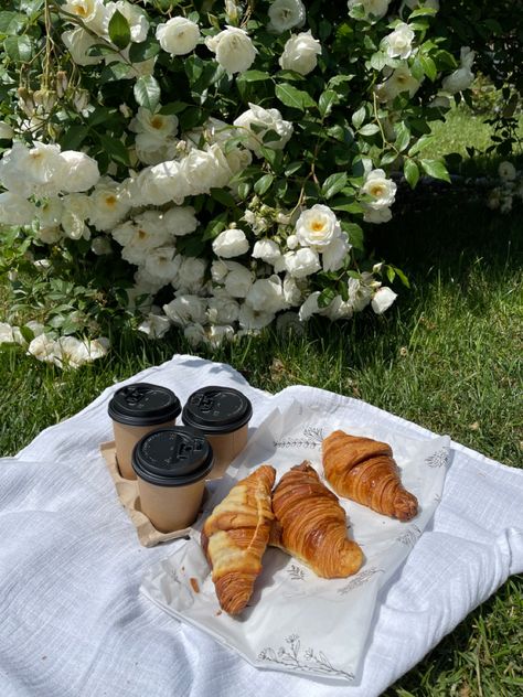 White roses takeaway coffee and croissant picnic 🧺 Coffee Picnic Aesthetic, Coffee In Garden Aesthetic, Croissant Picnic, Picnic Croissant, Coffee Summer Aesthetic, Coffee Picnic, Summer Picnic Aesthetic, Breakfast Picnic, Aesthetic Picnic