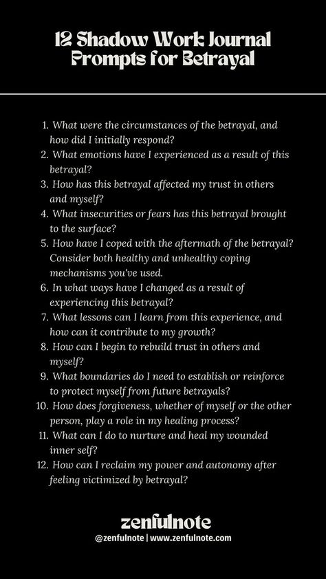 Dealing with betrayal involves navigating through deep emotional wounds to understand, heal, and potentially forgive. Shadow work can be a powerful process in this journey, helping to uncover the impact of betrayal on your sense of trust, self-worth, and relationships. Shadow Work Journal Prompts, Work Journal Prompts, Shadow Work Spiritual, Shadow Work Journal, Poetry Prompts, Journal Questions, Healing Journaling, Daily Journal Prompts, Work Journal