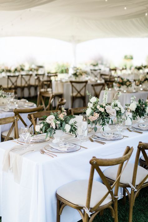 Wood Cross Back Chairs Wedding, Wedding Centerpieces Diy Long Tables, Marquee Wedding Round Tables, Gold And Wood Wedding Decor, Vineyard Wedding Table Decor, Winery Wedding Table Decor, Round And Long Tables Wedding Reception, Wedding Table Decorations Long Tables, White And Wood Wedding