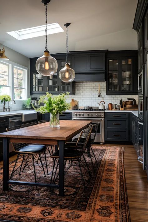 40+ Aesthetic Moody Farmhouse Kitchen Ideas Moody Country Aesthetic, Black And Dark Wood Kitchen, Dark And Moody Home Aesthetic, Modern Moody Kitchen, Boho Black Kitchen, Moody Boho Kitchen, Dark Boho Kitchen, Moody Home Aesthetic, Dark Farmhouse Decor