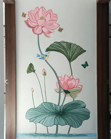 Lotus Flower Wall Painting, Lotus Wall Painting Ideas, Wall Painting Ideas For Balcony, Lotus Painting On Wall, Mix Medium Art, Lotus Wall Painting, Janmashtami Painting, Lotus Mural, Wall Painting Flowers