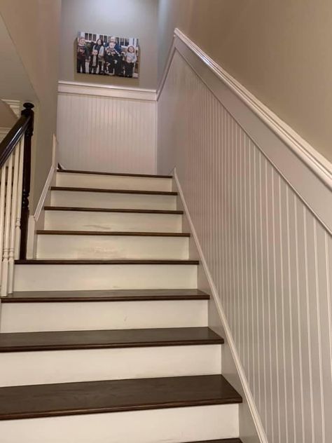 Stair Wall Beading, Beadboard Stairway Walls, Bead Board On Stairs, Beadboard Stairwell Wall, Beadboard Up Stairway, Bead Board Stairs, Beadboard Stairs Wall, Half Staircase Ideas, Beadboard Staircase