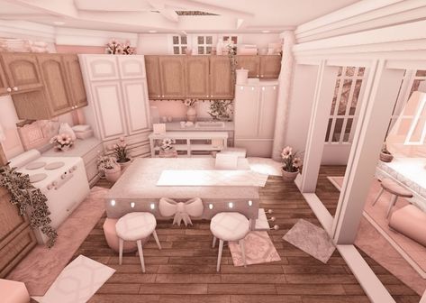 Asthetic Bloxburg Kitchen, Danish Pastel Kitchen Bloxburg, Cozy Kitchen Bloxburg, Blush Kitchen Bloxburg, Croquette Bloxburg House, Bloxburg Spring House Interior, Coquette Kitchen Bloxburg, Cute Bloxburg Kitchen Ideas, Cute Bloxburg Kitchens