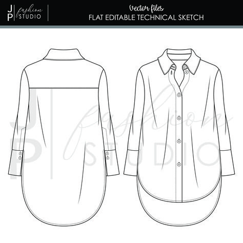 Oversized Shirt Flat Sketch, Oversized Shirt Sketch, Oversized Shirt Technical Drawing, Women Shirt Flat Sketch, Shirt Sketch Women, Shirt Drawing Women, Technical Flats Fashion, Blouse Technical Drawing, Blouse Flat Sketch