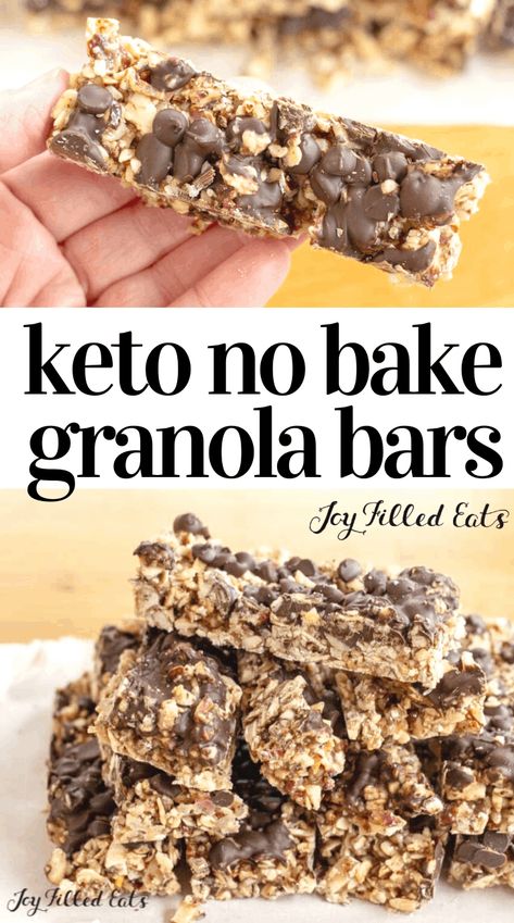 This Low Carb Chocolate Chip Granola Bars Recipe has just 6 ingredients and takes 10 minutes to make. My healthy no bake granola bars are perfect to keep in your purse for emergencies or send in your child's lunchbox to school. Each keto-friendly bar has 5 net carbs and is full of protein and good fats with nuts, coconut, and chocolate. You can customize them with your favorite mix-ins! This easy recipe is low carb, keto, gluten-free, grain-free, sugar-free, and Trim Healthy Mama friendly. Chocolate Almond Granola, Keto Granola Bars, Almond Granola Bars, Low Carb Granola Bars, Bake Granola Bars, No Bake Granola, Keto No Bake, Thm Snacks, Low Carb Granola