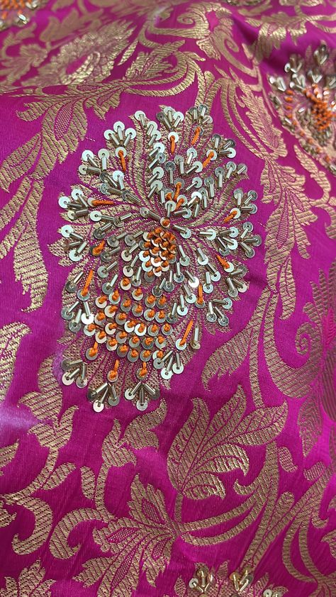 Embroidery On Brocade Suit, Printed Embroidery Suits, Brocade Embroidery Suits, Highlight Embroidery Work, Zardozi Embroidery Designs Work Blouse, Zardozi Embroidery Designs, Zari Work Embroidery, Brocade Embroidery, Gold Work Embroidery