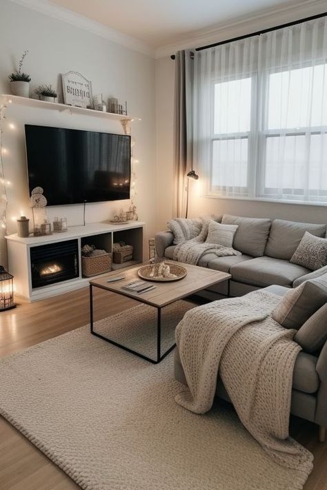 Cozy Living Rooms Small Apartment, 1 Bed Apartment Living Room Ideas, Modern Ideas For Living Room, Home Decor Ideas Living Room Apartment Neutral Colors, Cozy Living Room Small Spaces, Neutral Color Apartment, Neutral Theme Living Room, Couch Aesthetic Cozy, 1st Apartment Aesthetic