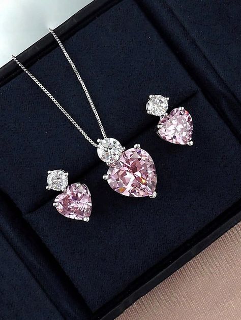 Pink  Collar  Zinc Alloy   Embellished   Women Fashion Jewelry Jewelry Set Aesthetic, Set Aesthetic, Pink Jewelry Set, Pink Heart Necklace, Women's Jewelry Sets, Crystal Accessories, Cz Pendant, Pink Jewelry, Pink Collars