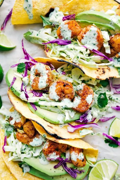 Shrimp Tacos | Chelsea's Messy Apron Quick Guacamole, Seasoned Shrimp, Grilled Shrimp Tacos, Shrimp Tacos Easy, Cilantro Lime Slaw, Shrimp Taco Recipes, Vegetarian Tacos, Resep Diet, Healthy Shrimp