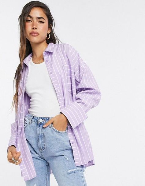 Lilac Button Down Shirt Outfit, Purple Shirt Outfits, Outfits With Striped Shirts, Oversized Shirt Outfit, Lavender Shirt, Smart Casual Women, Home Wear Women Casual, Striped Shirt Women, Homewear Fashion