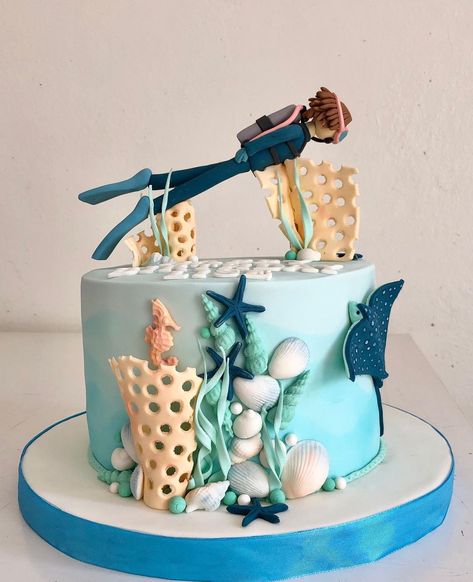 Diver Birthday Cake, Fondant Surfboard, Underwater Cakes, Diver Cake, Scuba Cake, Butter Cream Cake, Diy Cake, Buttercream Cake, Fondant Cake