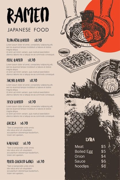 Food Menu Graphic Design, Takeout Menu Design, Asian Menu Ideas, Japanese Restaurant Poster, Restaurant Anniversary Poster, Noodle Menu Design, Ramen Graphic Design, Small Menu Design, Izakaya Menu Design