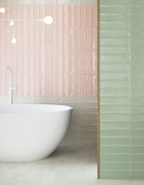 Green And Pink Bathroom, Moroccan Tile Bathroom, Pastel Interior Design, Pastel Bathroom, Pink Bathroom Tiles, Pink Showers, Kitchen Walls, Patterned Floor Tiles, Downstairs Bathroom