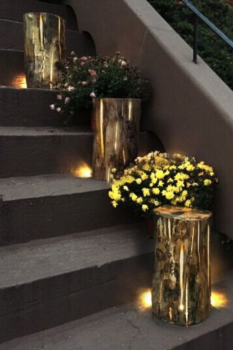 Outdoor Step Decor, Lights On Steps Outside, Lights On Stairs Outside, Patio Steps With Lights, Solar Lights Ideas Outdoor Steps, Solar Stair Lights Outdoor, Stairway Lighting Ideas, Porch Light Fixtures, Front Porch Lighting