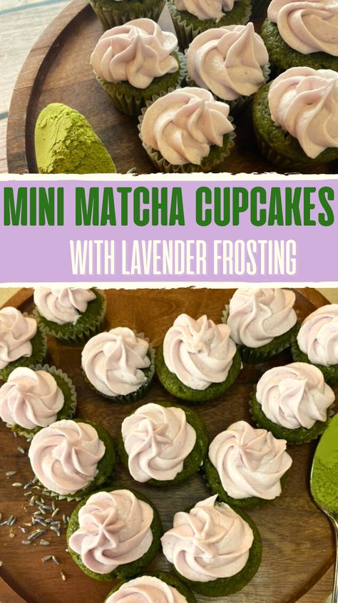 mini matcha cupcakes with lavender frosting recipe Lavender Buttercream Frosting, Matcha Scones, Lavender Frosting, Matcha Dessert Recipes, Lavender Buttercream, Matcha Cupcakes, Lavender Cupcakes, Mini Cupcake Pan, Matcha Dessert