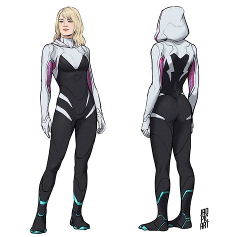 113 Likes, 0 Comments - Jao Picart (@jaopicksart) on Instagram: “Drew some Spider-Gwens! I'm hoping she gets a small cameo at least in Marvel Studios' Spider-Man 3.…” Spider Woman Design, Spider Gwen Suit, Spider Zero Marvel, Jessica Drew Spiderwoman, Spider Uk Marvel, Spider Woman Jessica Drew, At Least, Spider Gwen Art, Spiderman Poses