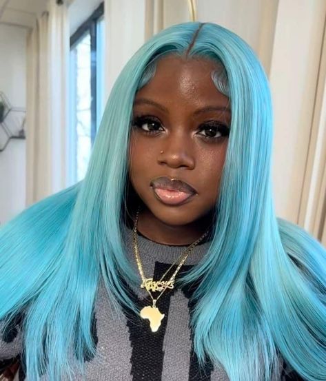 Blue Hair On Dark Skin, Color Wigs On Dark Skin Women, Blue Lace Wig, Blue Hair Dark, Blue Black Hair, Frontal Wig Hairstyles, Creative Hair Color, Protective Hairstyles Braids, Frontal Hairstyles