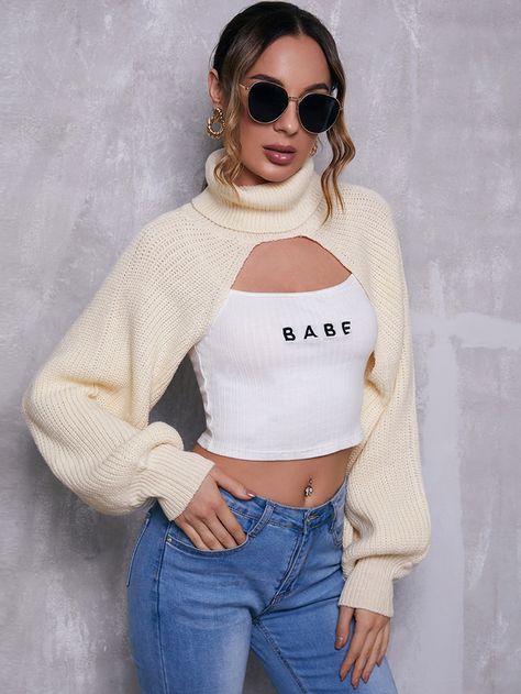 Turtle Neck Lantern Sleeve Super Crop Sweater | SHEIN USA Super Cropped Sweater Outfit, Sweater Crop Top Outfit, Turtle Neck Sweater Outfit, Neck Sweater Outfit, Cropped Sweater Outfit, Super Cropped Sweater, Black Jacket Outfit, Turtleneck Sweater Outfit, Sporty Street Style