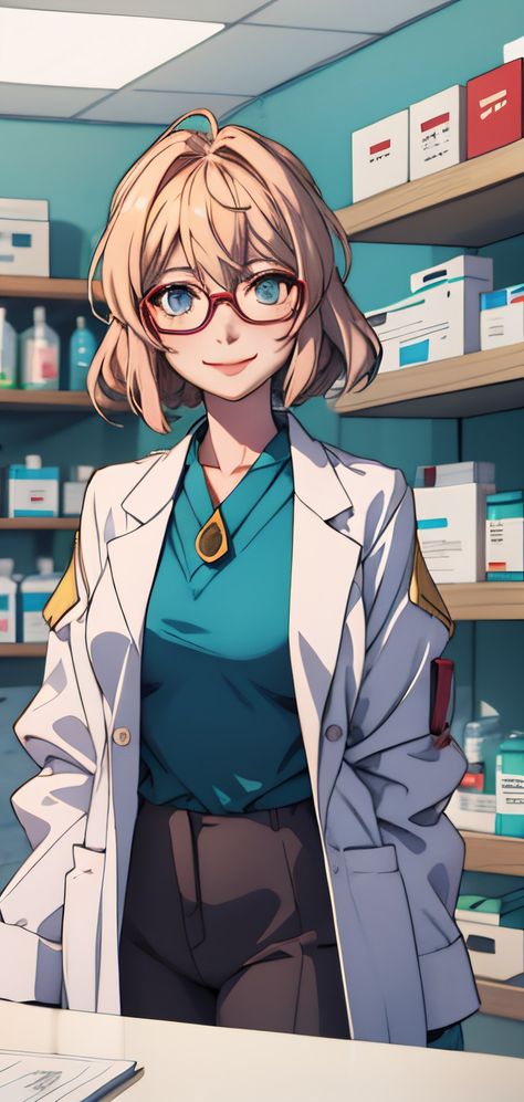 Violet evergarden, Ali AJ Art, AI generated, pharmacy, pharmacist, lab coat, glasses, mobile wallpaper Pharmacy Outfit, Pharmacist Drawing, Pharmacy Art Pharmacists, Female Scientist Character Design, Pharmacist Wallpaper, Pharmacist Outfit, Pharmacy Wallpaper, Pharmacy Art, Doctor Of Pharmacy