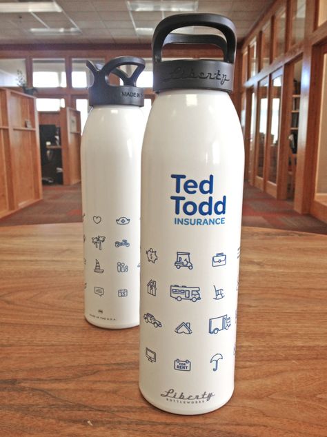 Giant water bottle with icons for Ted Todd Insurance Tumbler Design Ideas, Giant Water Bottle, Branded Merch, Branded Water Bottle, Water Bottle Brands, Insurance Marketing, Fashion Merchandising, Premium Product, Water Bottle Design