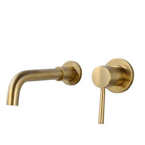 This wall-mount sink faucet is in brushed finish, it features a simple, minimalist look that brings contemporary appeal and style. The wall mounted design help to save space. Brushed Brass Bathroom, Brass Bathroom Sink, Small Bathroom Remodel Designs, Wall Faucet, Wall Mount Faucet Bathroom, Bathroom Sink Taps, Wall Mount Sink, Brass Sink, Wall Mounted Sink