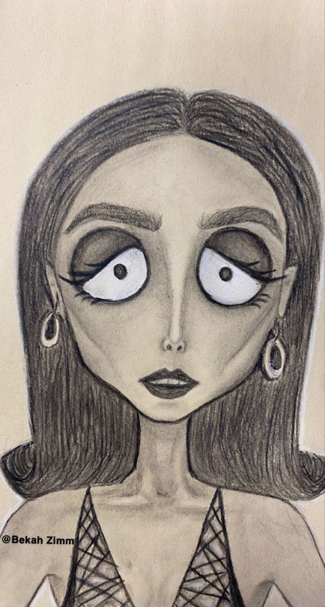 Emma Chamberlain Sketch, Tim Burton Style Portraits, Tim Burton Eyes Drawing, Tim Burton Art Drawings, How To Draw Tim Burton Style, Tim Burton Art Style Tutorial, Tim Burton Inspired Drawings, Tim Burton Drawings Sketches, Tim Burton Beauty