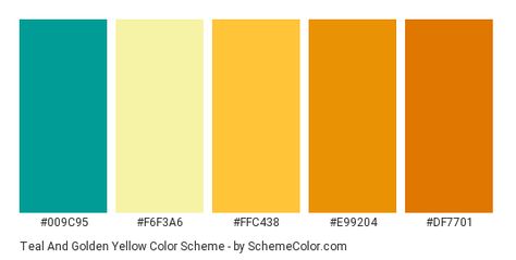 Download Teal and Golden Yellow color scheme consisting of #009c95, #f6f3a6, #ffc438, #e99204 and #df7701. This 5 colors palette has been categorised in Cream, Orange, Teal and Yellow color categories. Yellow Orange Teal Colour Palettes, Teal And Yellow Palette, Cream Yellow Color Palette, Golden Yellow Palette, Golden Yellow Color Palette, Playroom Colors, Color Categories, Fall Paint Colors, Yellow Stationery