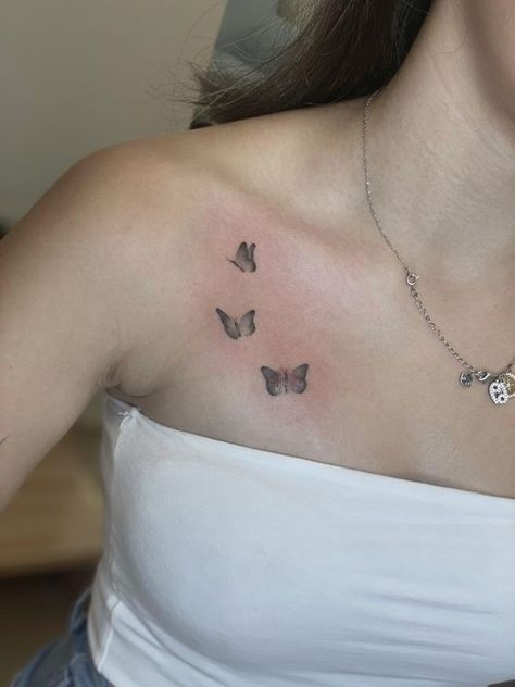 Small Scar Tattoo Ideas, Butterflies On Chest Tattoo, Butterfly Tattoo Scar Cover, Butterfly Scar Tattoo, Butterfly On Chest Tattoo, Chest Tattoo Female Upper Shoulder, Butterfly Tattoo Chest Woman, Small Tattoo On Chest, Chest Tattoo Female Upper Cover Up