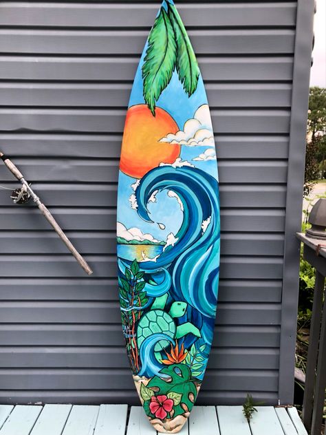 Custom surfboard for outdoor shower or beach home. Commissioned artist painted this surfboard for a home in Sunset Beach, NC. #recycle #repurpose #outdoordecorations #beachhousedecor #seaturtleart Designer Surfboard, Surfboards Artwork, Surfboard Art Design, Deco Surf, Surfboard Painting, Surf Painting, Surfboard Decor, Surfboard Wall Art, Custom Surfboards