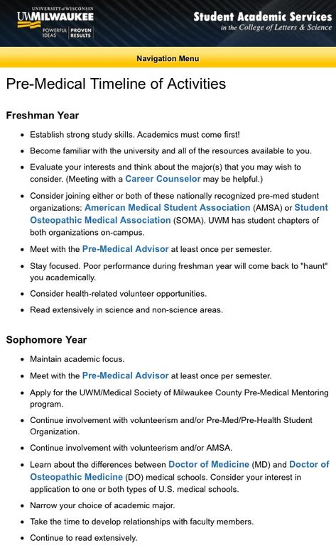 UW-Milwaukee Pre Med Suggested Timeline of Activities Part 1 Pre Med Inspiration, Pre Med Tips, Peds Doctor, Future Psychiatrist, Uw Milwaukee, Med School Prep, Pre Med Motivation, Getting Into Medical School, Mcat Study